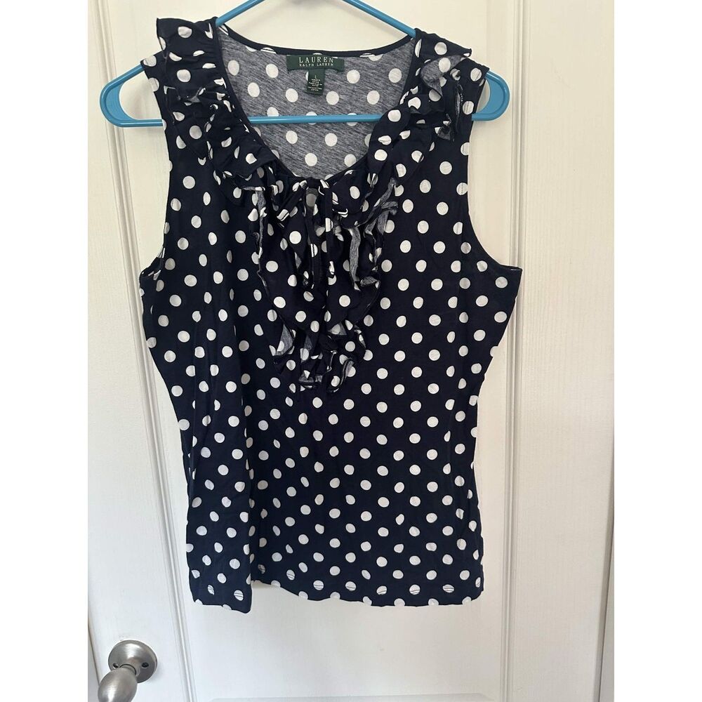 Lauren Ralph Lauren Navy White Polka Dot Ruffle Top Large Ruffle Neck Preppy - Picture 2 of 5
